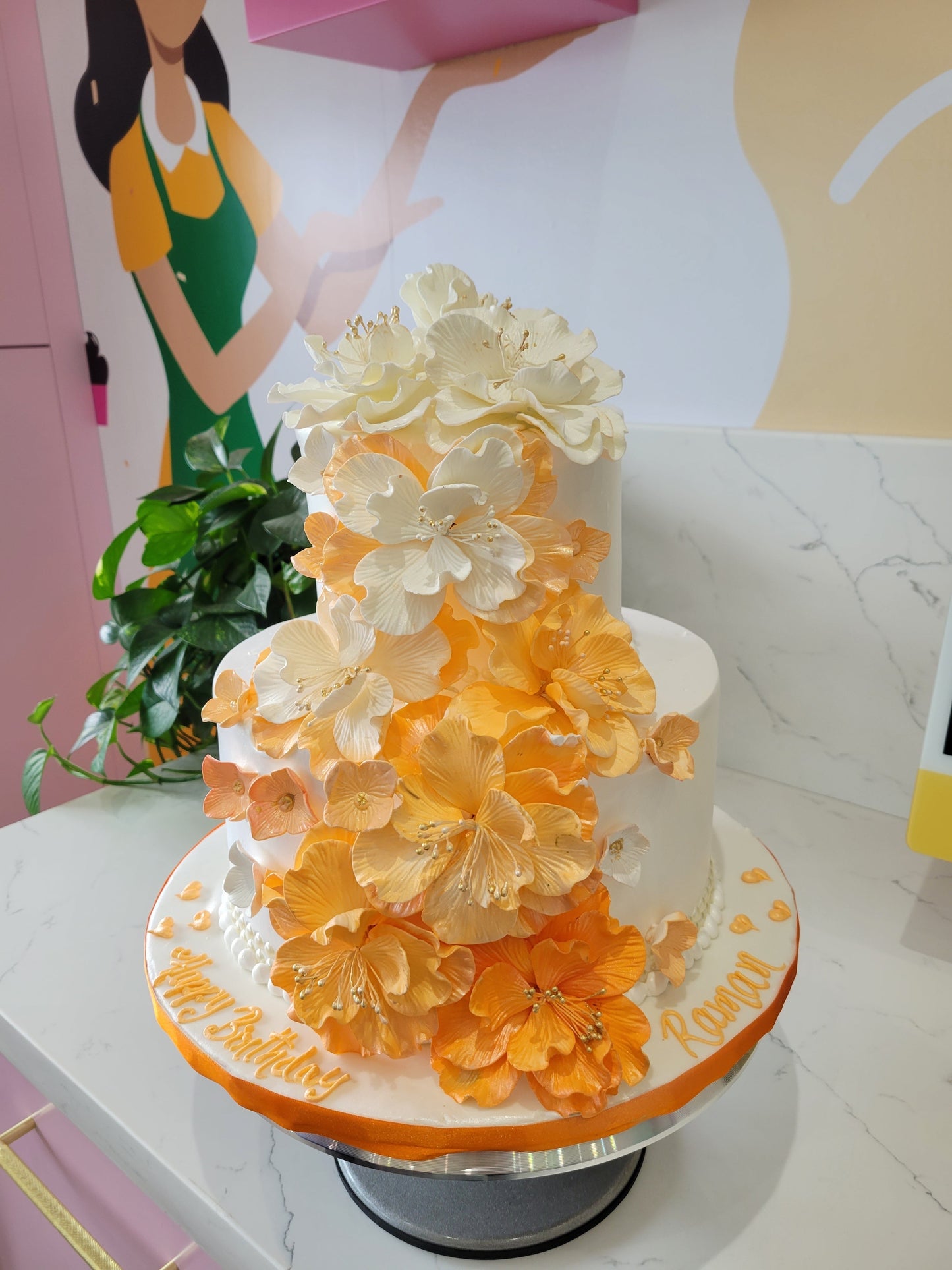 Pink Cascading Flowers Wedding Cake
