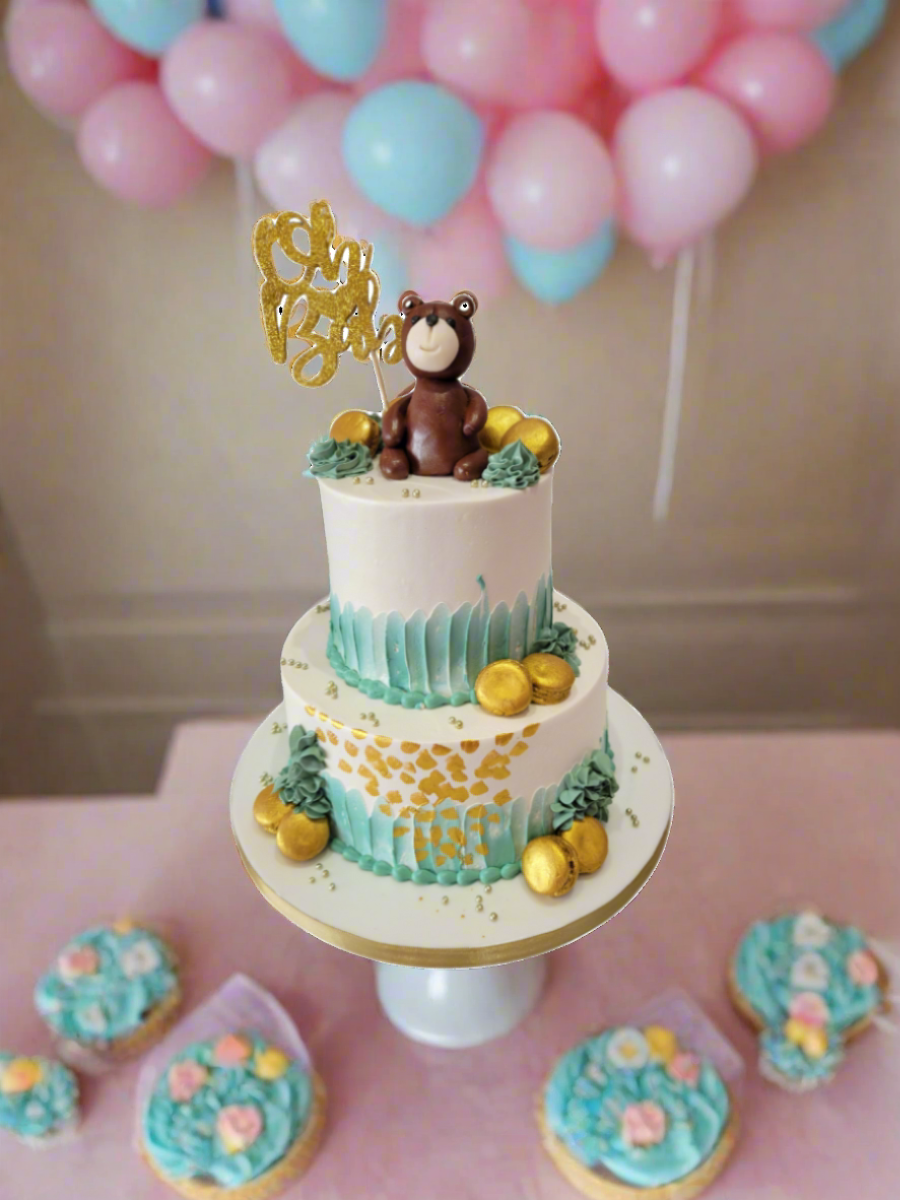 Teddy Bear & Macarons Cream Tiered Cake