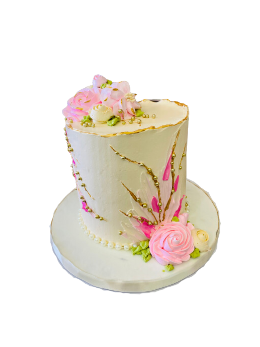 Pink Ivory Flower Cream Cake