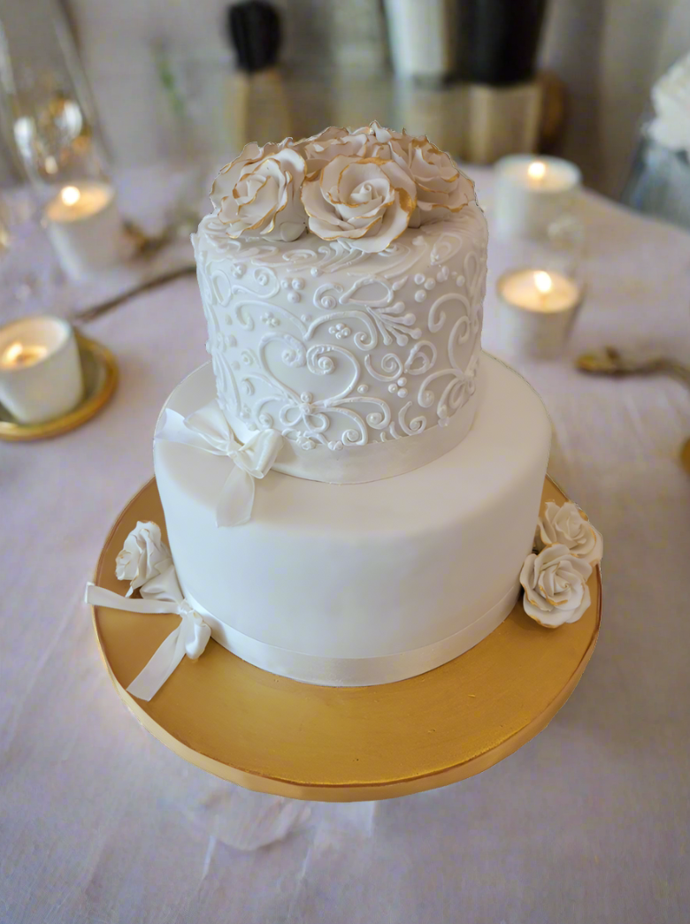 White And Gold Fondant Tiered Cake