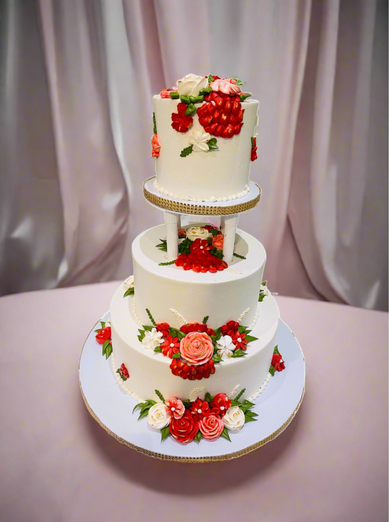 Ivory & Red Floral Wedding Cake