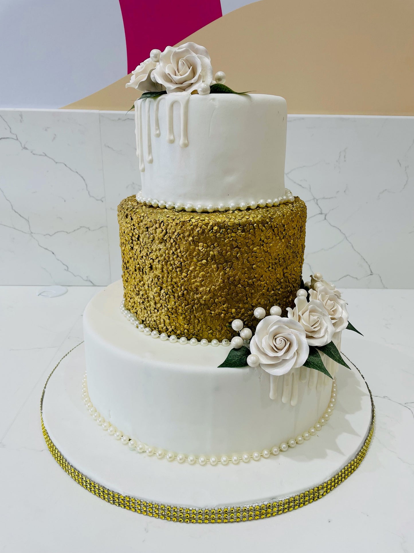 White & Gold Sequin Fondant Wedding Cake