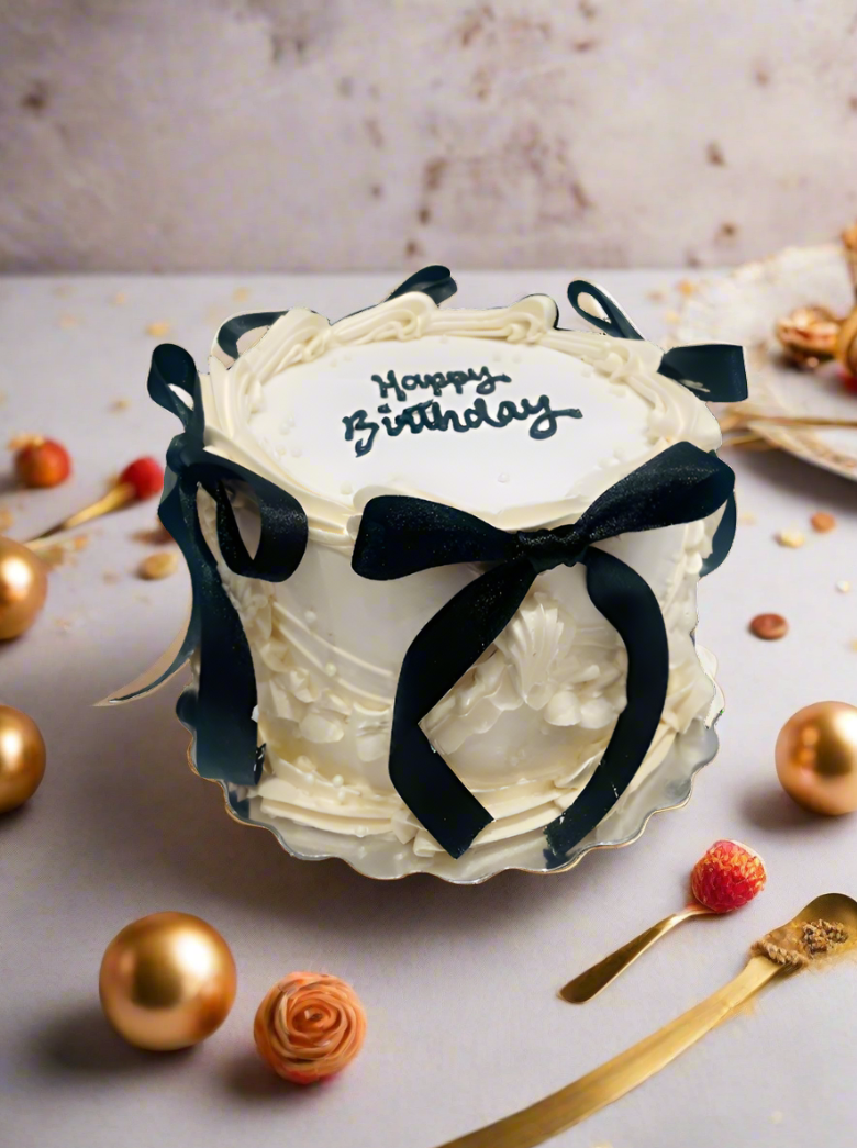 Ivory & Black Bow Birthday Cake
