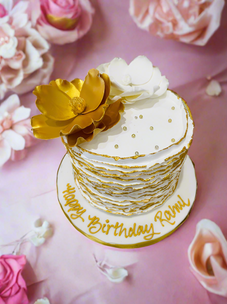 Rahul White & Gold Ruffle Cream Cake