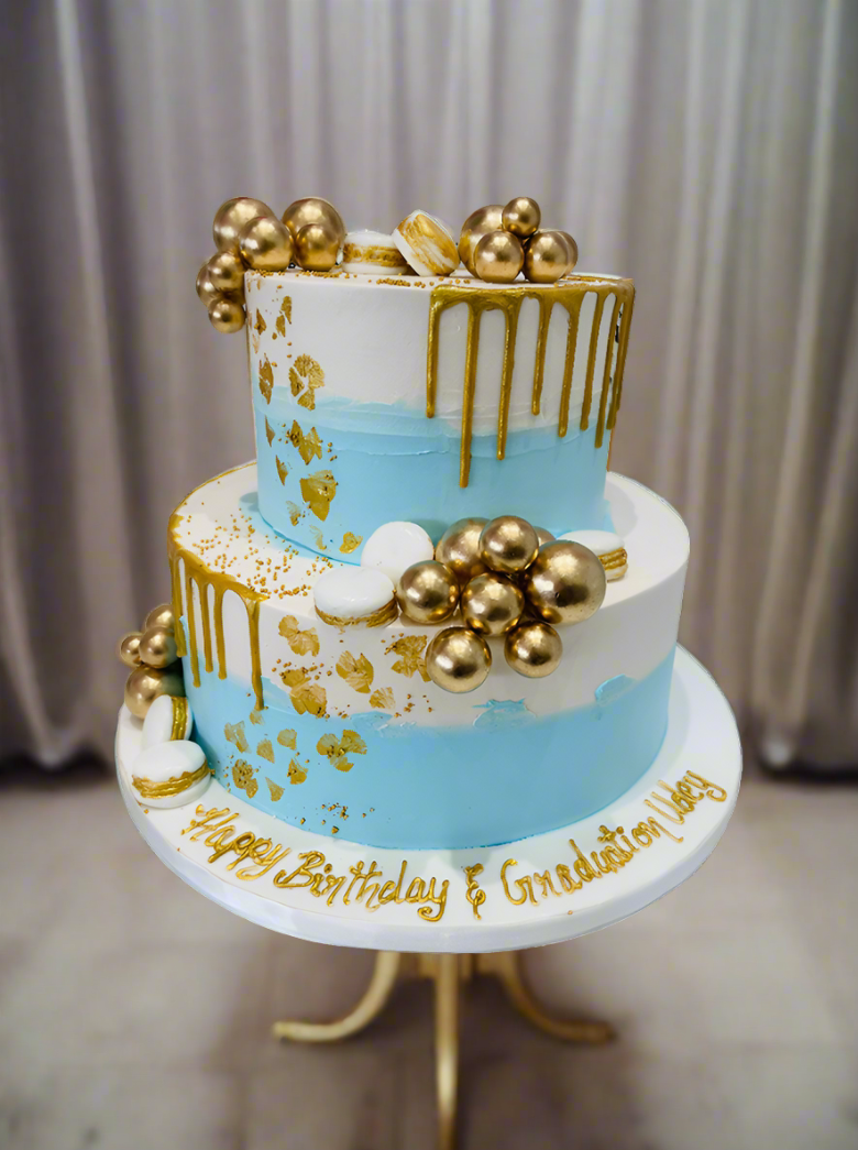 Sky Blue & Gold Cream Tiered Cake