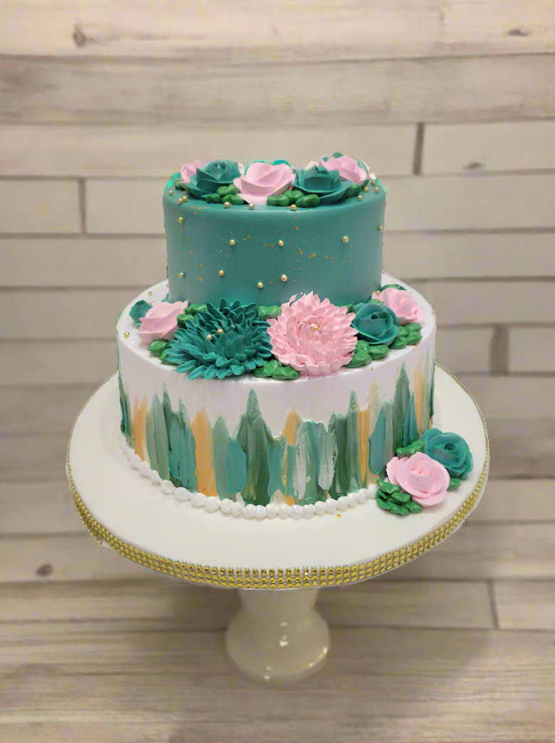 Teal And Pink Tiered Cream Cake