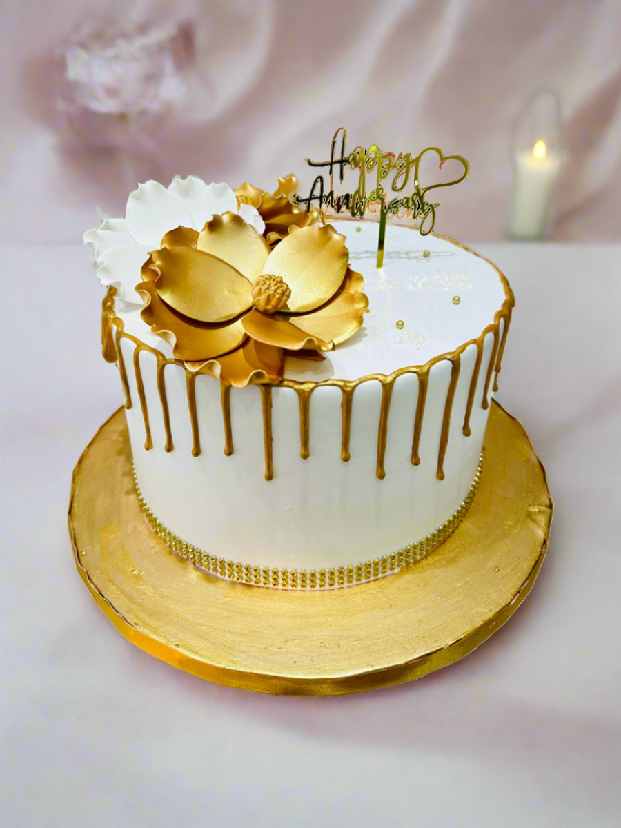WHITE & GOLD ANNIVERSARY FLORAL CAKE