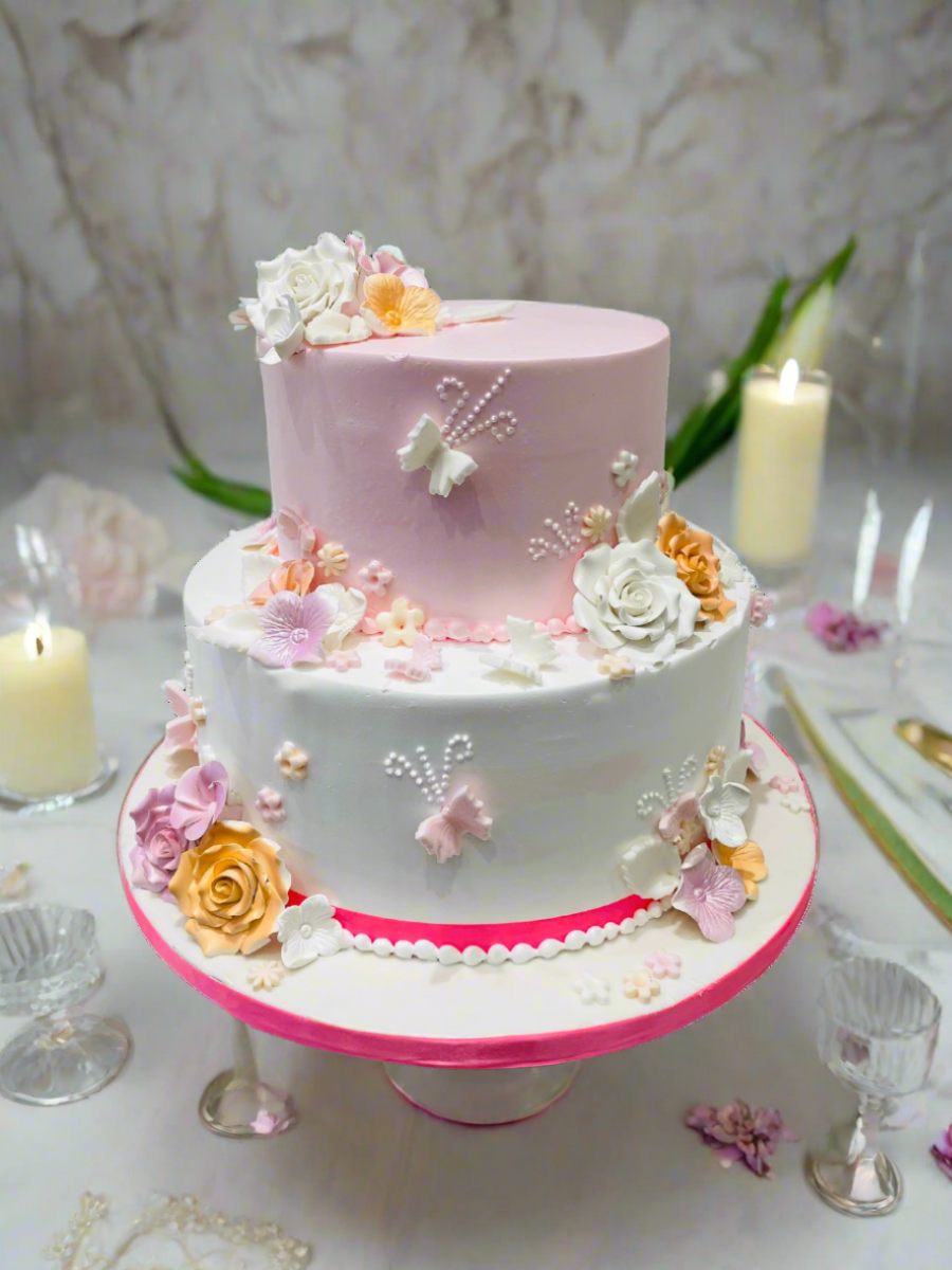 Butterfly Garden Tiered Cream Cake