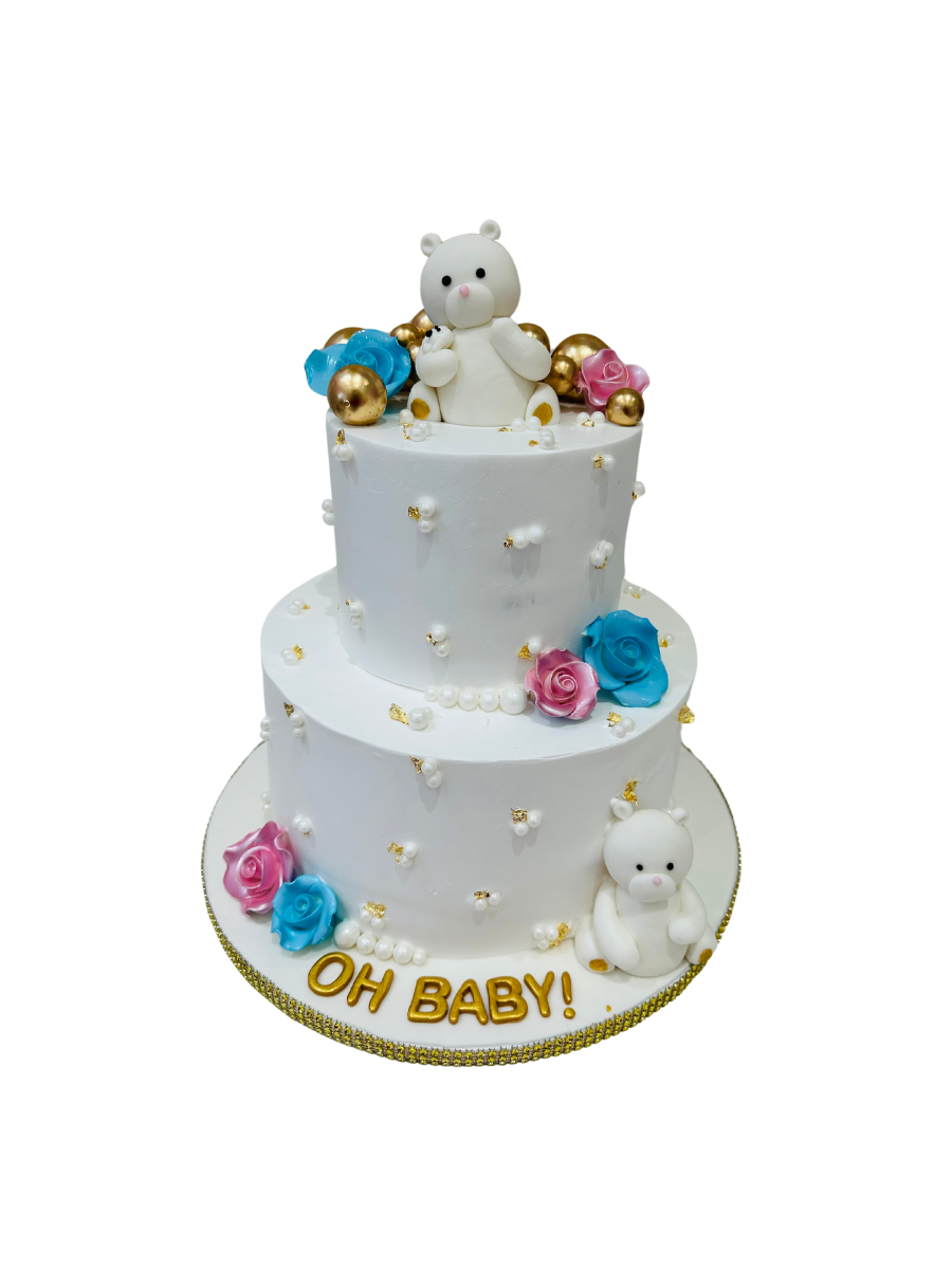 White Teddy Baby Shower Cream Cake