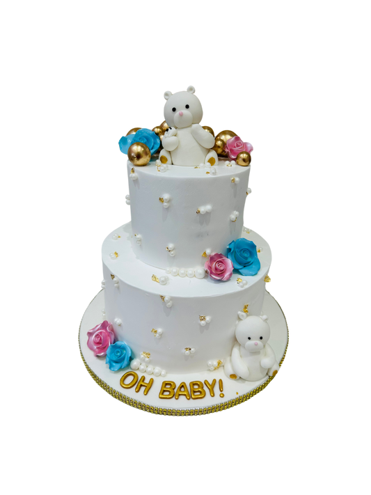 White Teddy Baby Shower Cream Cake