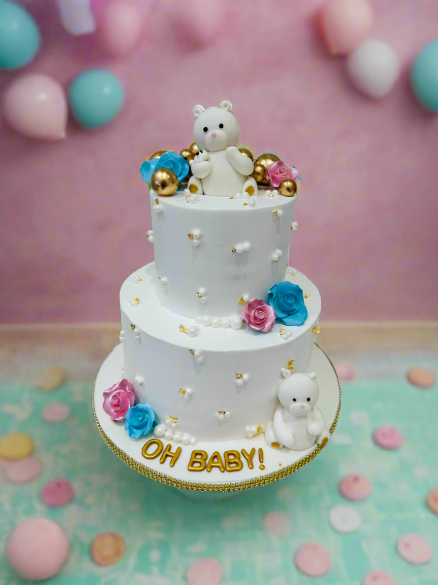 White Teddy Baby Shower Cream Cake