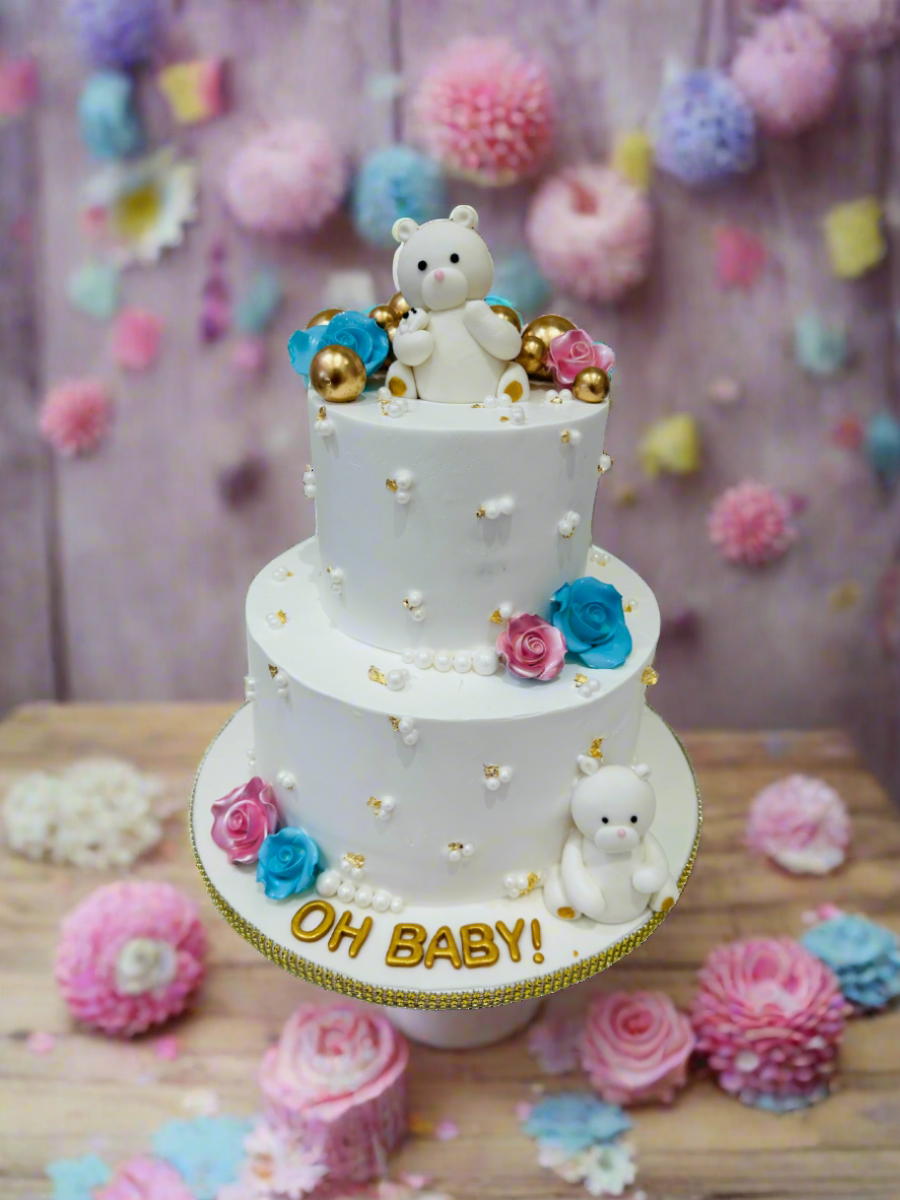 White Teddy Baby Shower Cream Cake