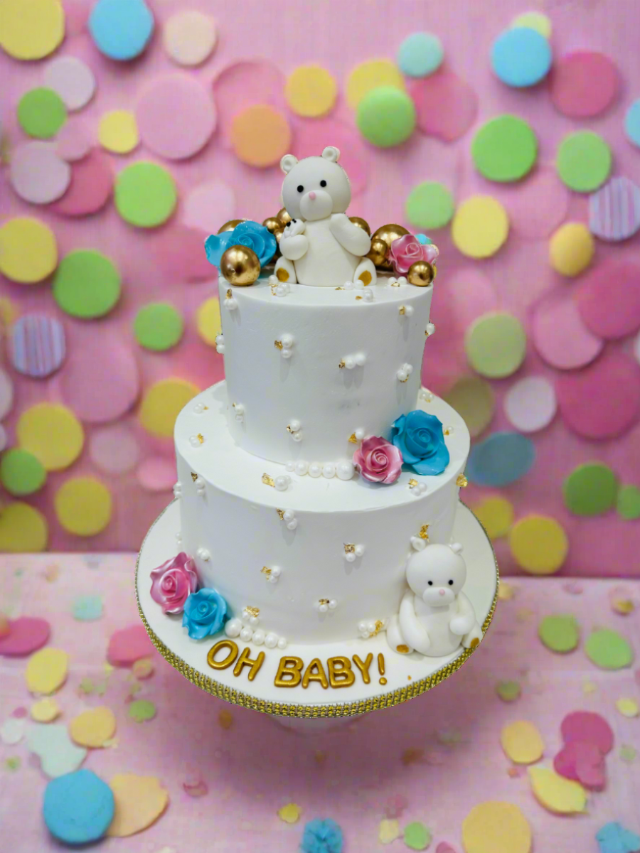 White Teddy Baby Shower Cream Cake