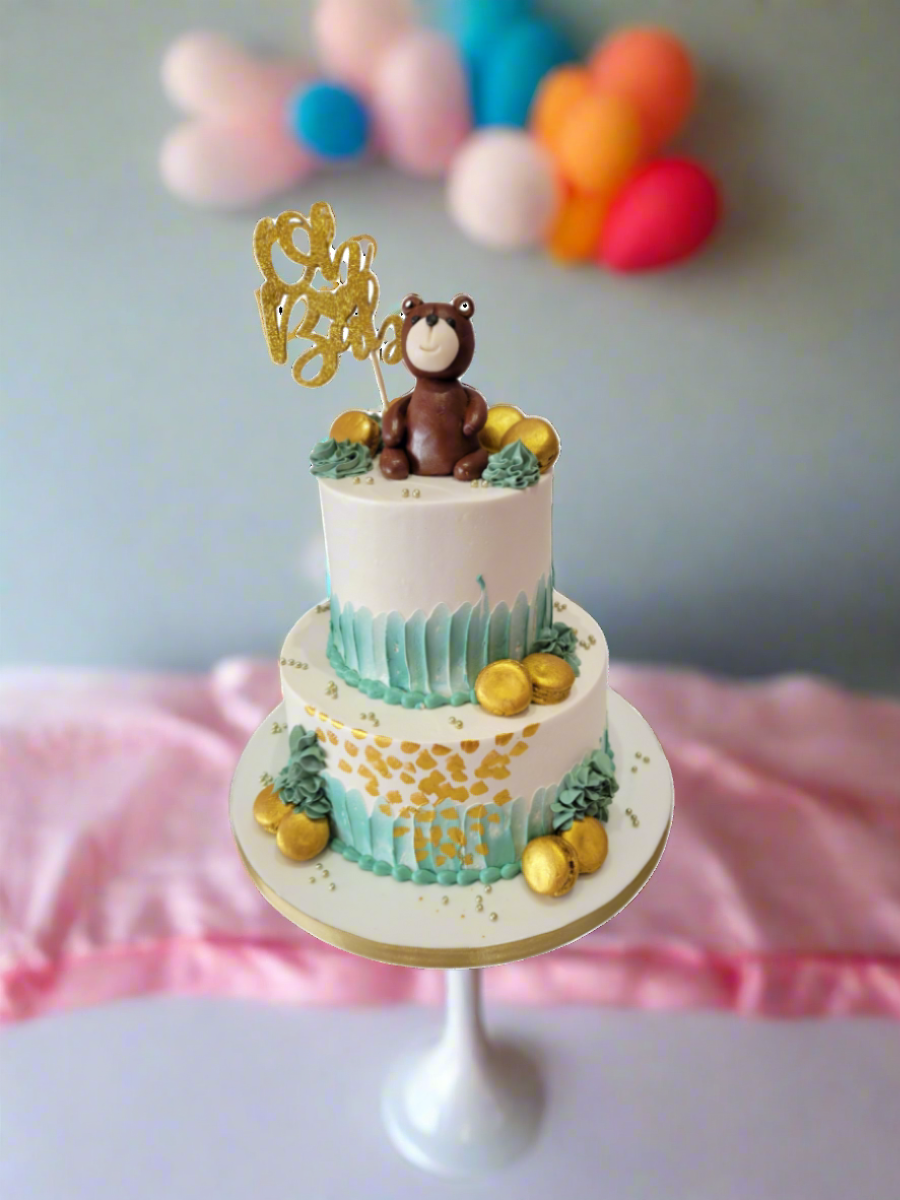 Teddy Bear & Macarons Cream Tiered Cake