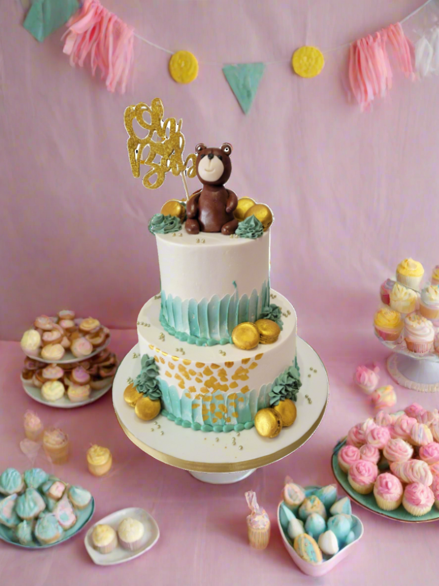 Teddy Bear & Macarons Cream Tiered Cake