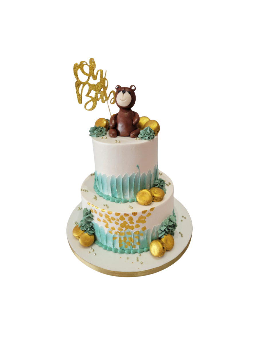 Teddy Bear & Macarons Cream Tiered Cake