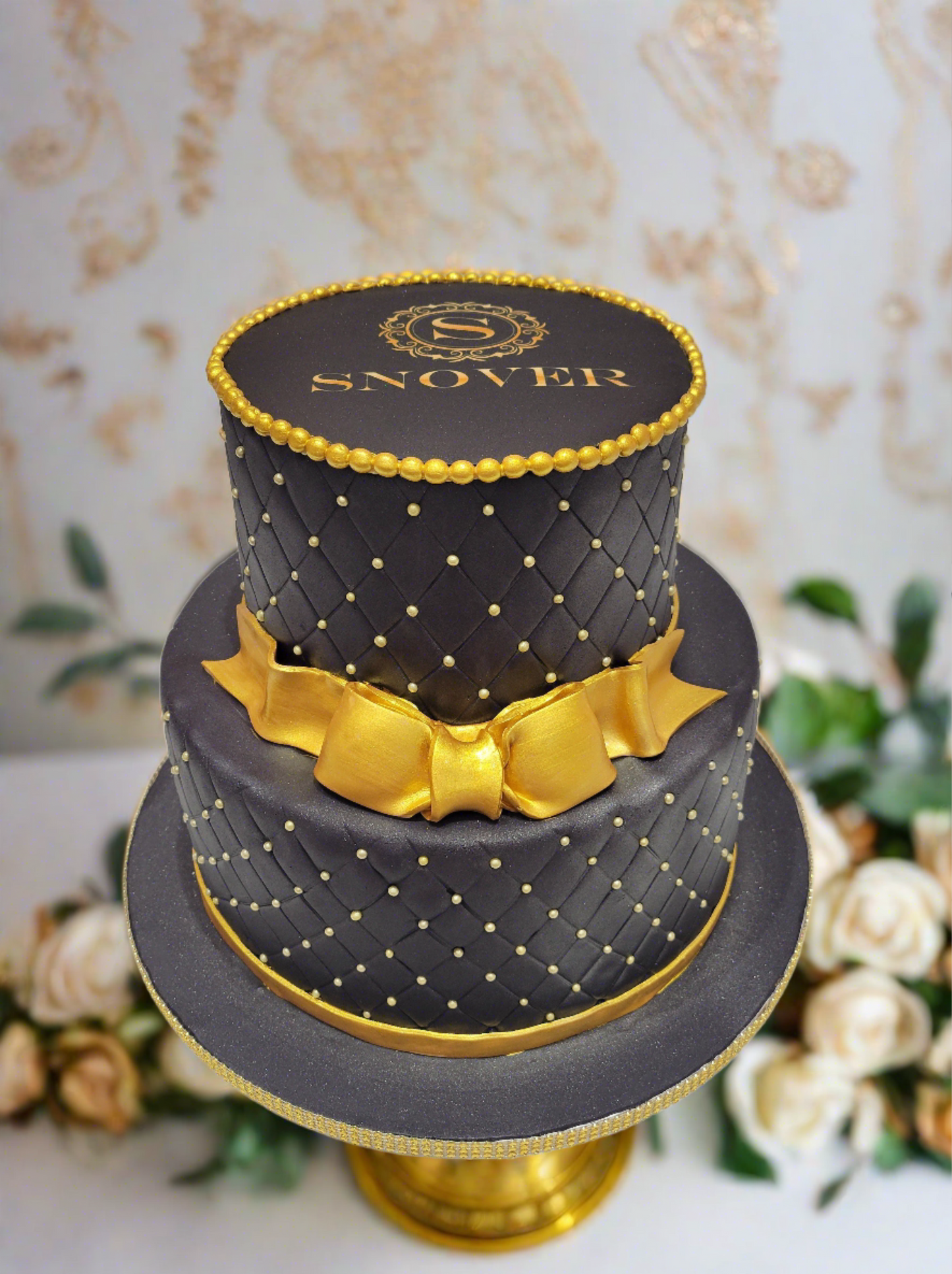 Snover Black & Gold Fondant Tiered Cake