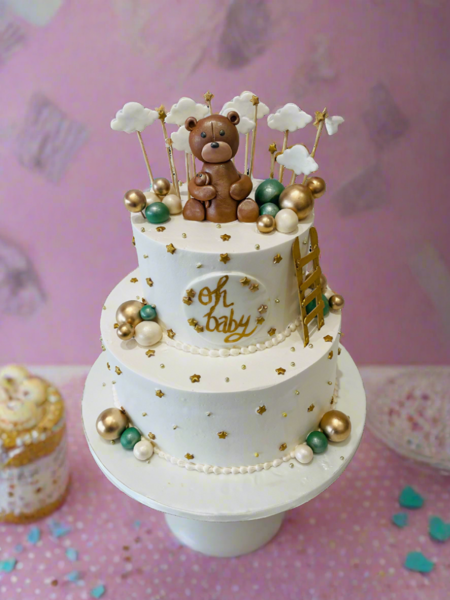 Sage Green & Gold Teddy Cream Cake
