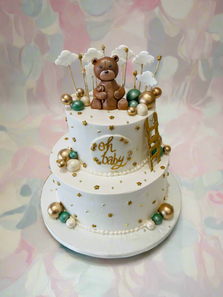 Sage Green & Gold Teddy Cream Cake
