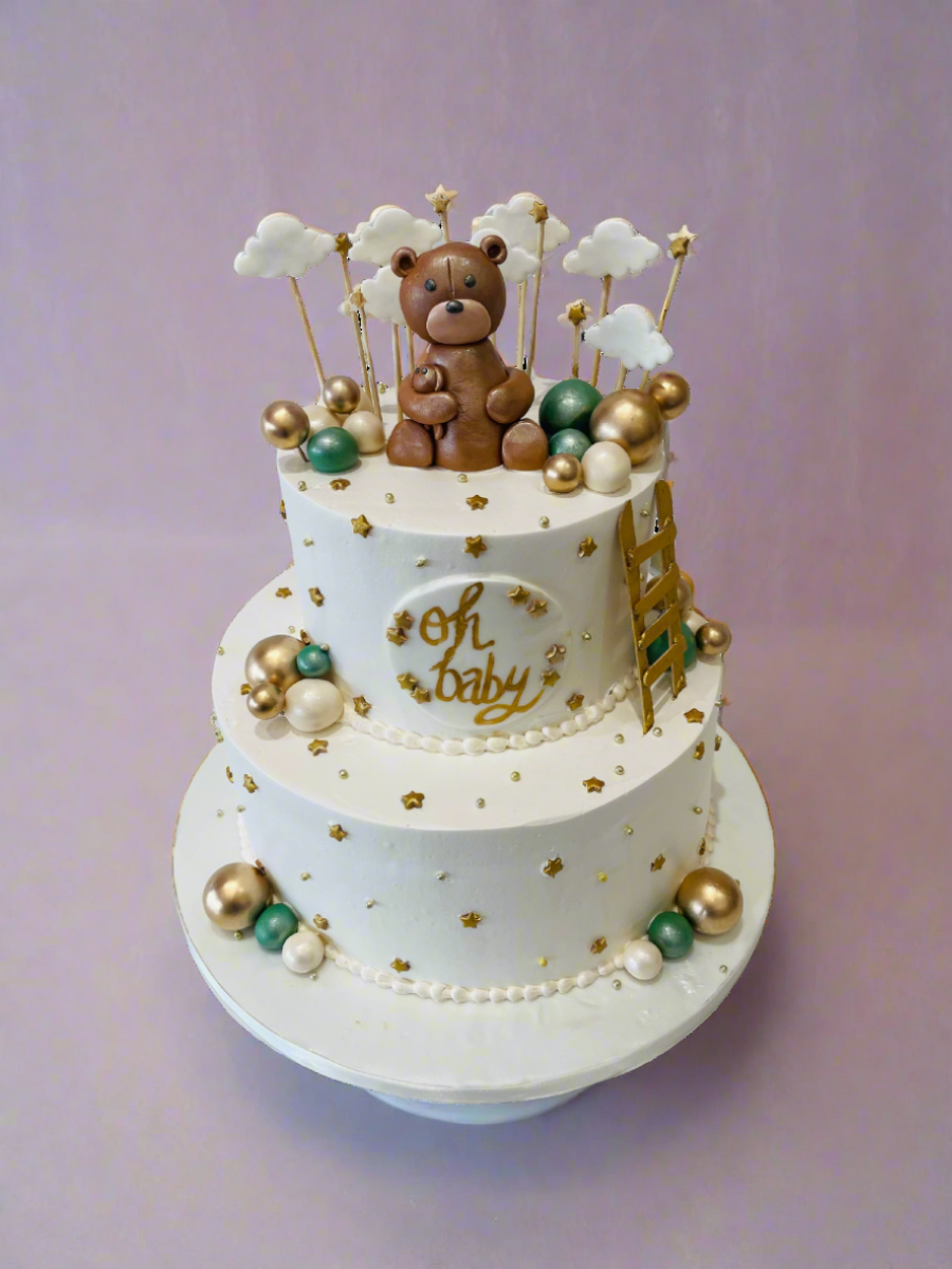 Sage Green & Gold Teddy Cream Cake