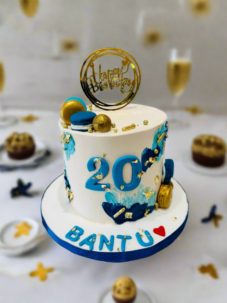 Blue & Gold Ivory Cream Cake