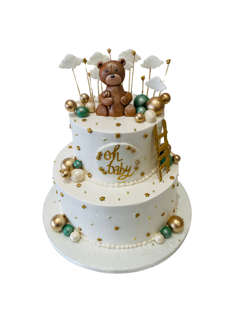 Sage Green & Gold Teddy Cream Cake