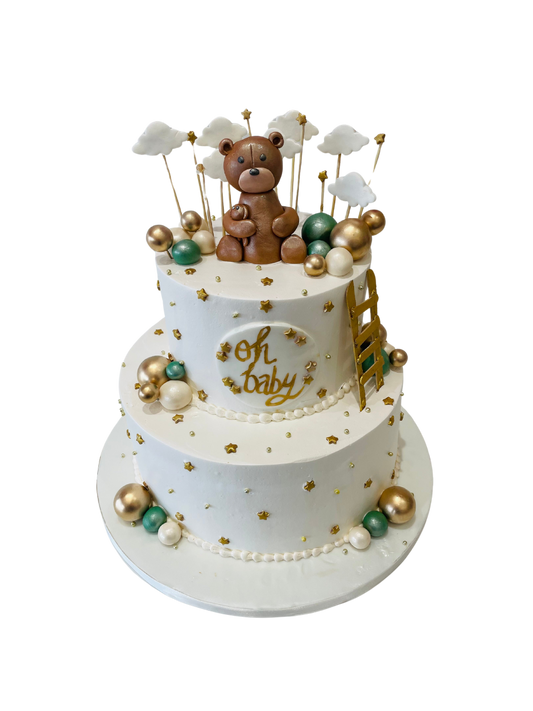 Sage Green & Gold Teddy Cream Cake