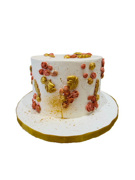 Peach & Gold Floral Cream Cake