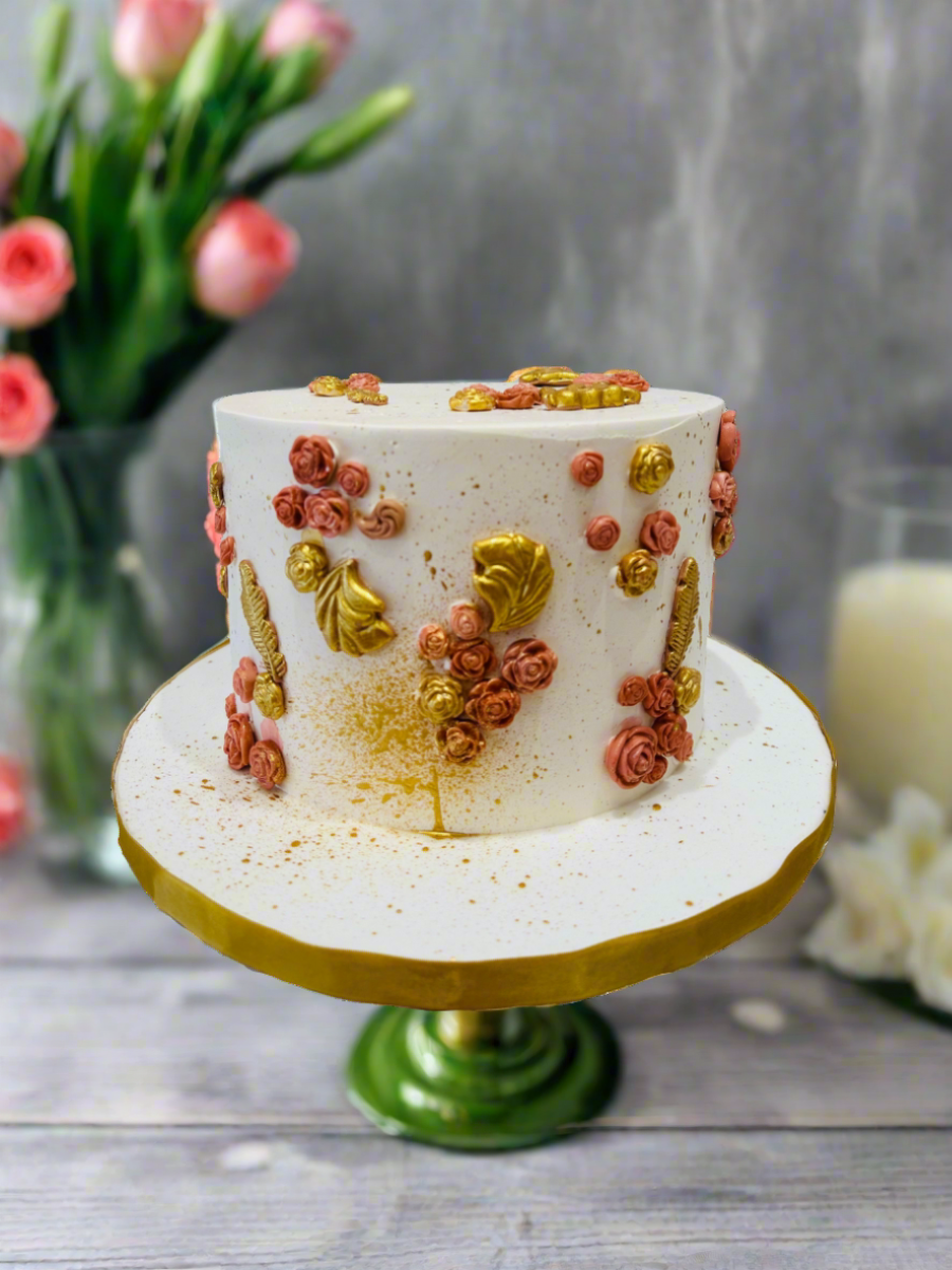 Peach & Gold Floral Cream Cake