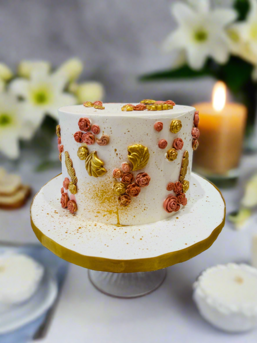 Peach & Gold Floral Cream Cake