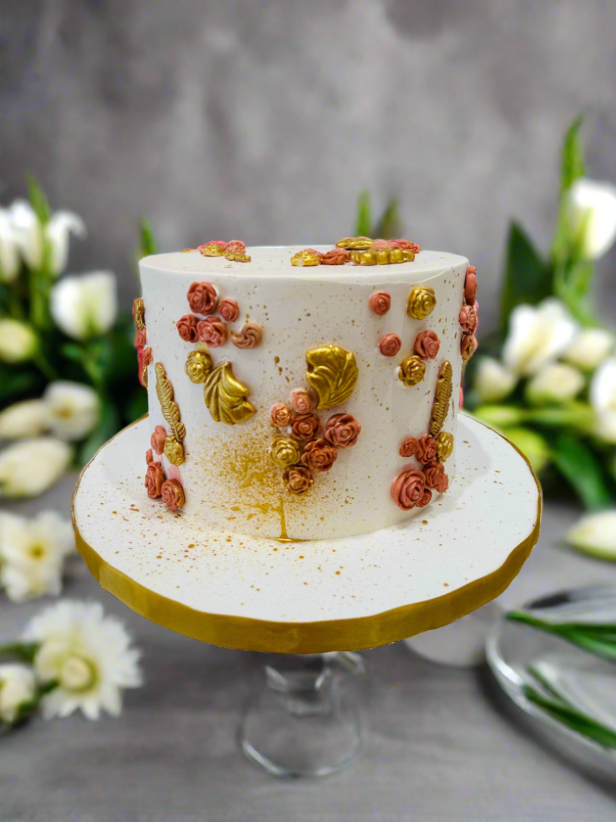 Peach & Gold Floral Cream Cake