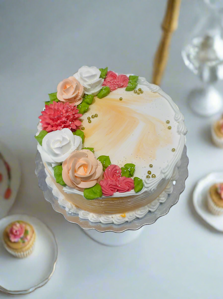 Orange And White Cream Flower Cake