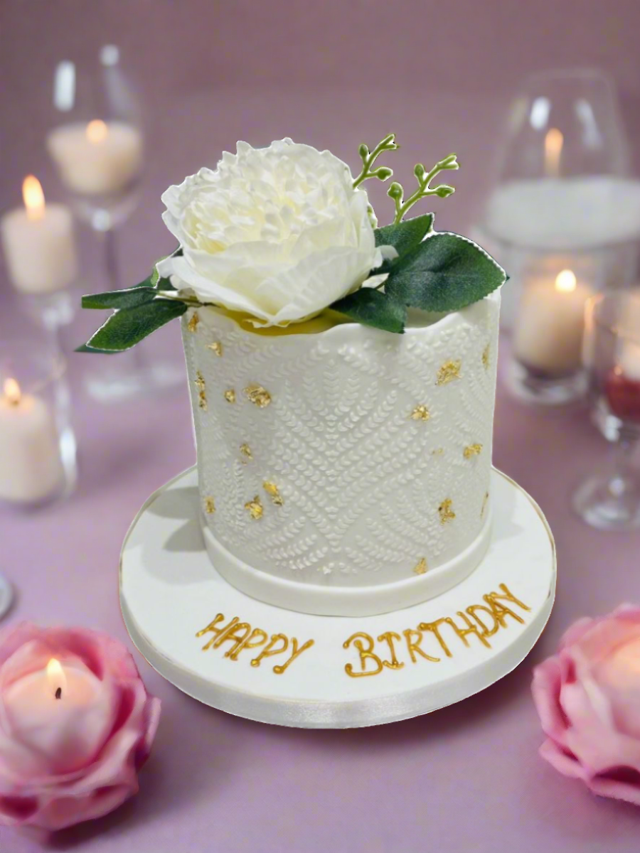 White Demask Birthday Cake