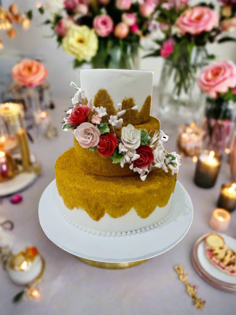 Gold Cascading Flowers Fondant Cake
