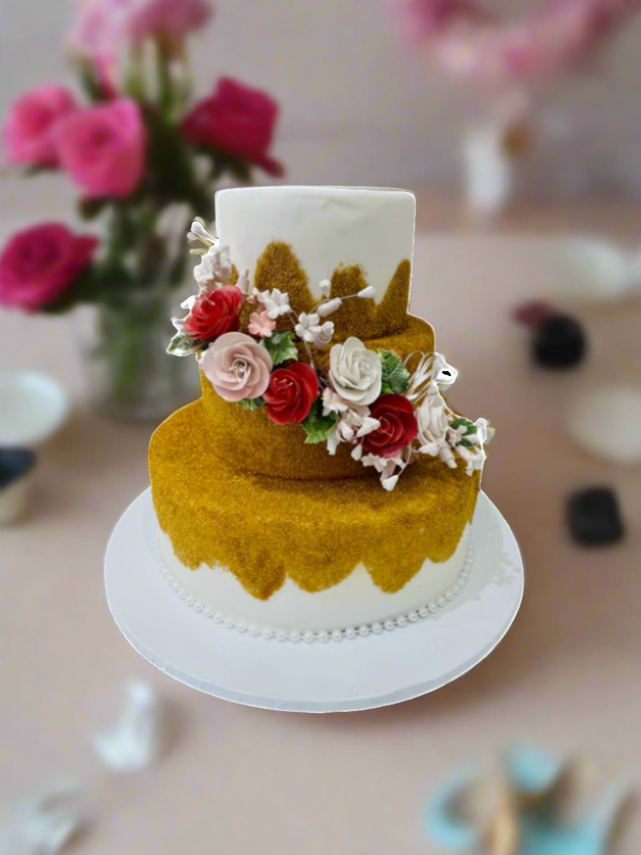 Gold Cascading Flowers Fondant Cake