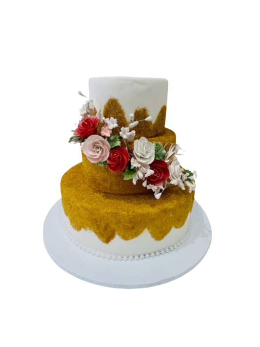 Gold Cascading Flowers Fondant Cake