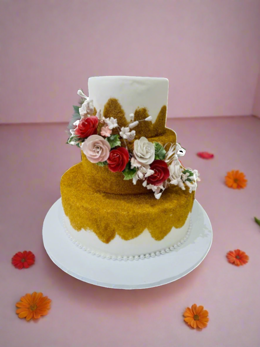 Gold Cascading Flowers Fondant Cake