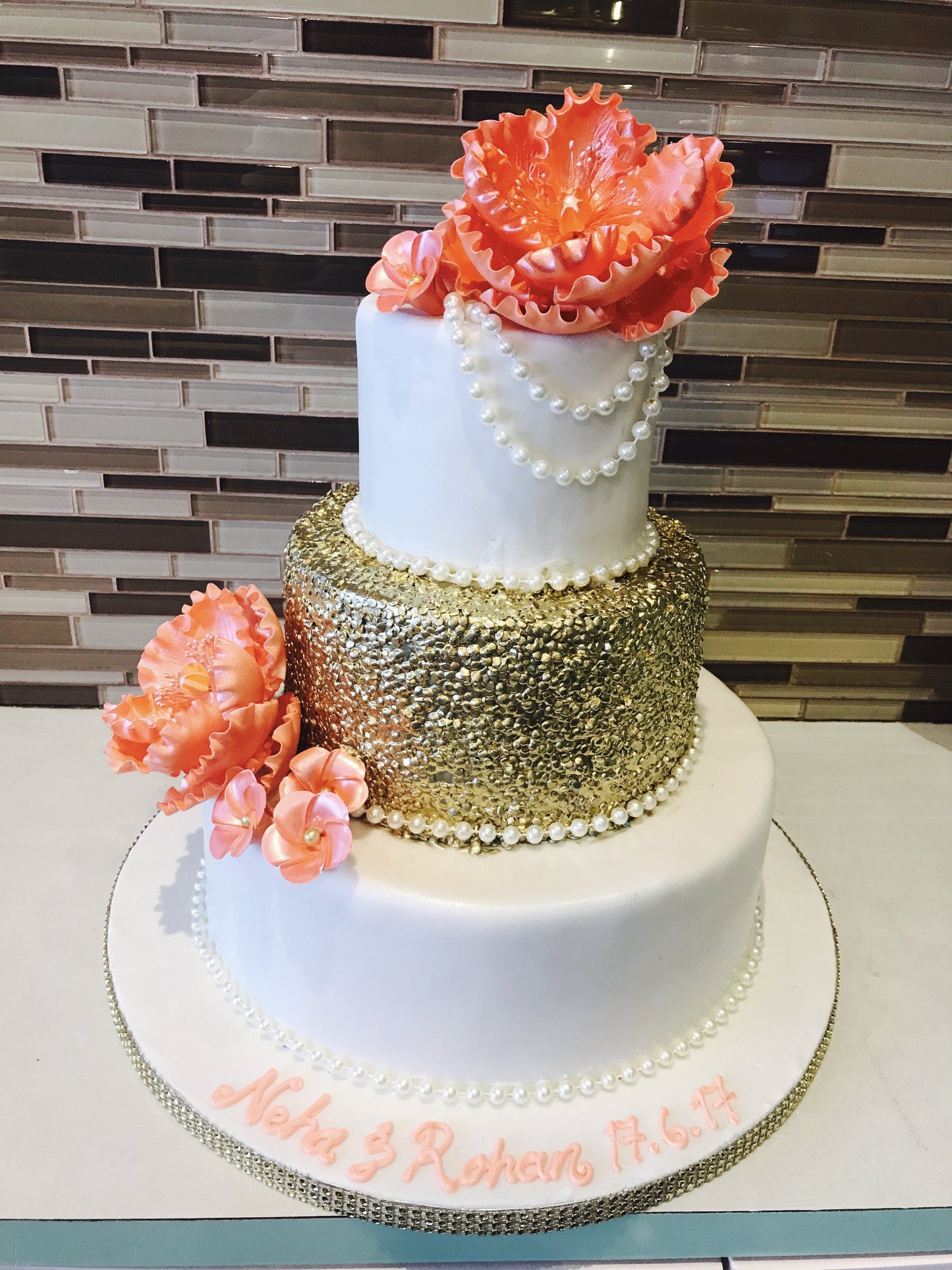Golden Sequin Wedding Cake - Rashmi's Bakery