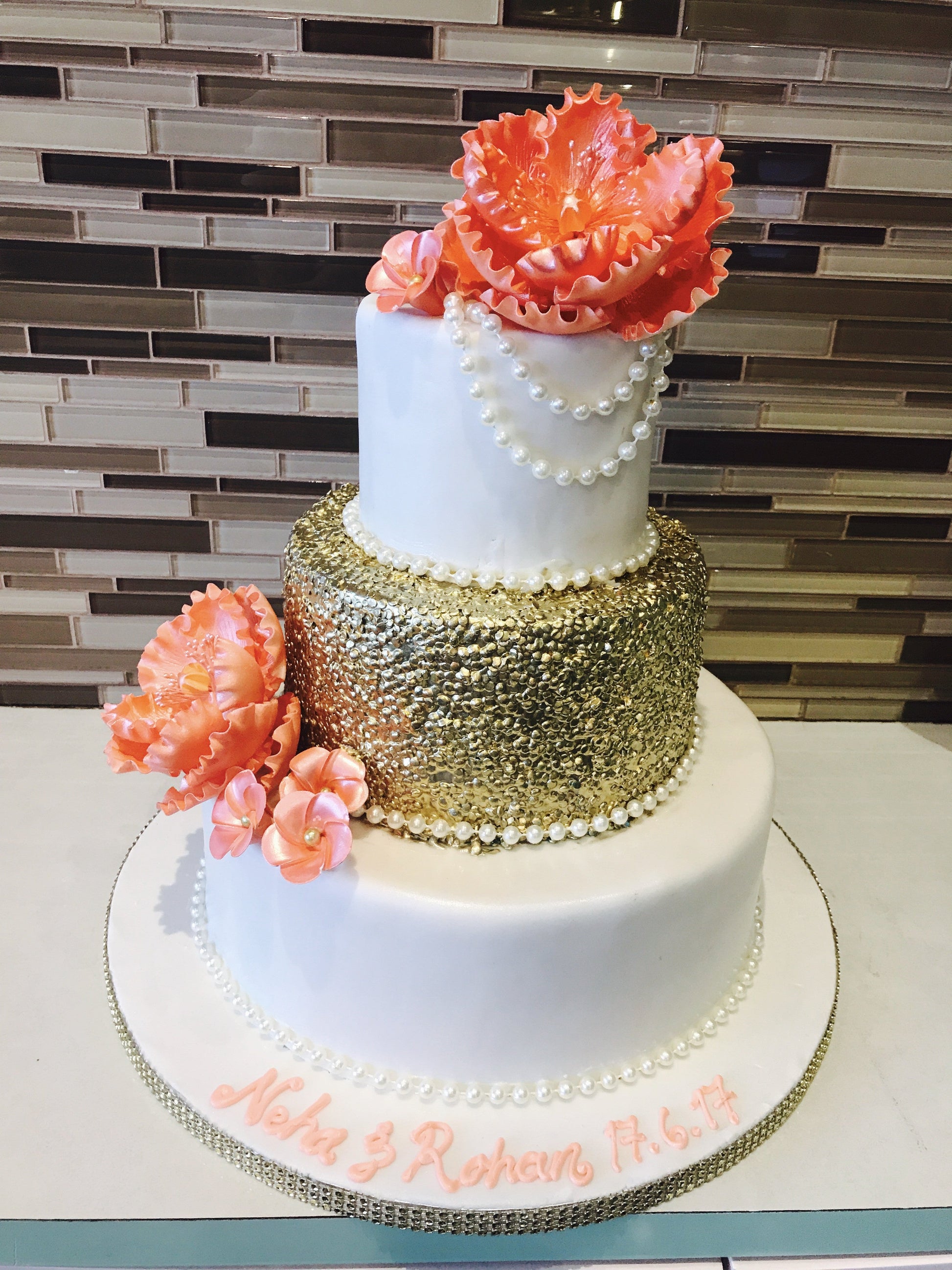 Golden Sequin Wedding Cake - Rashmi's Bakery