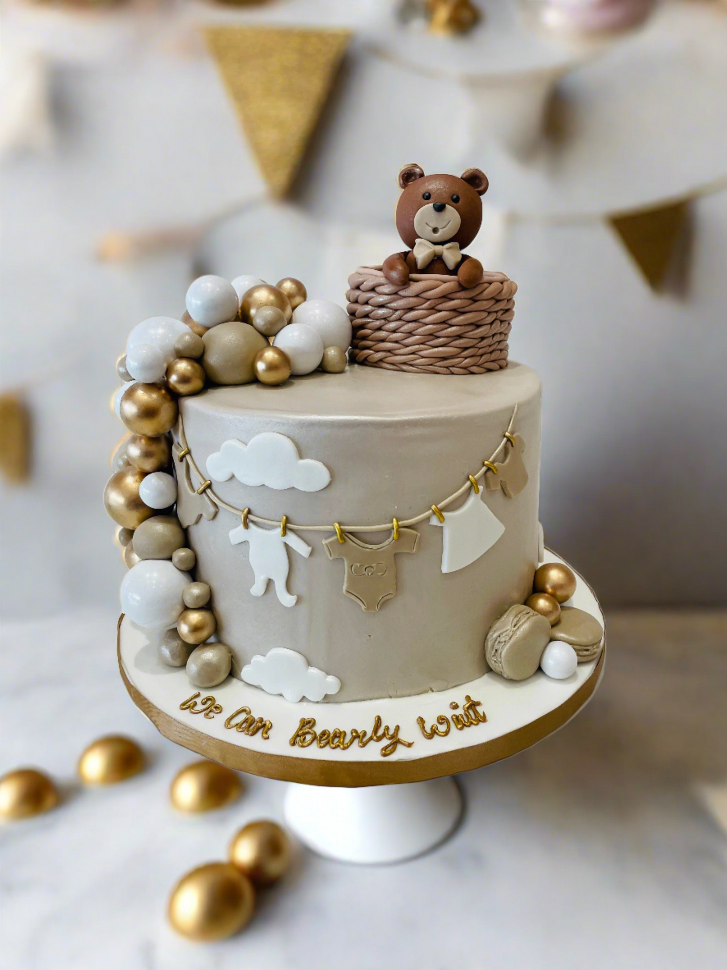 Beige & Gold Teddy Fondant Cake