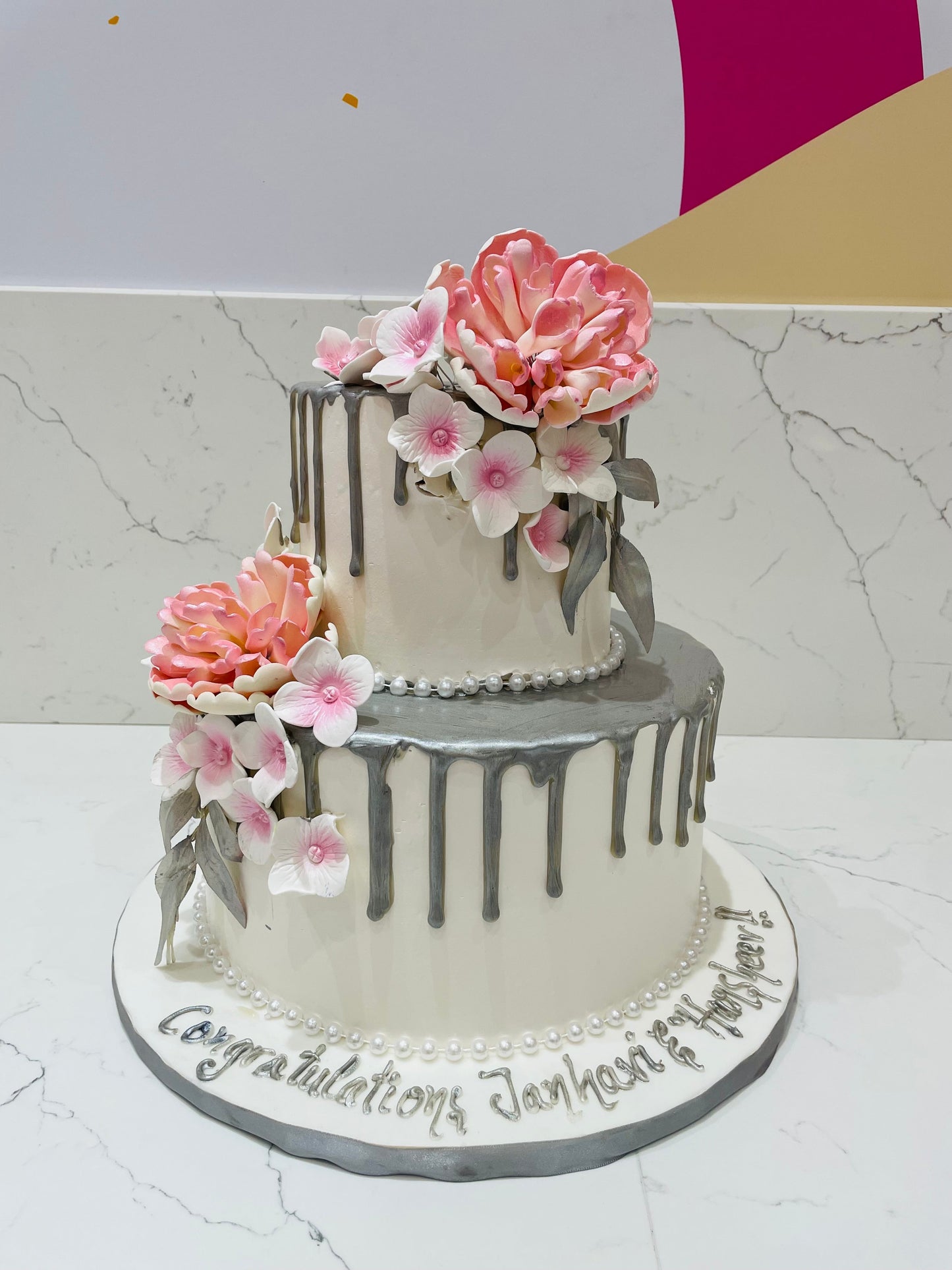 Silver & Pink Floral Wedding Cake