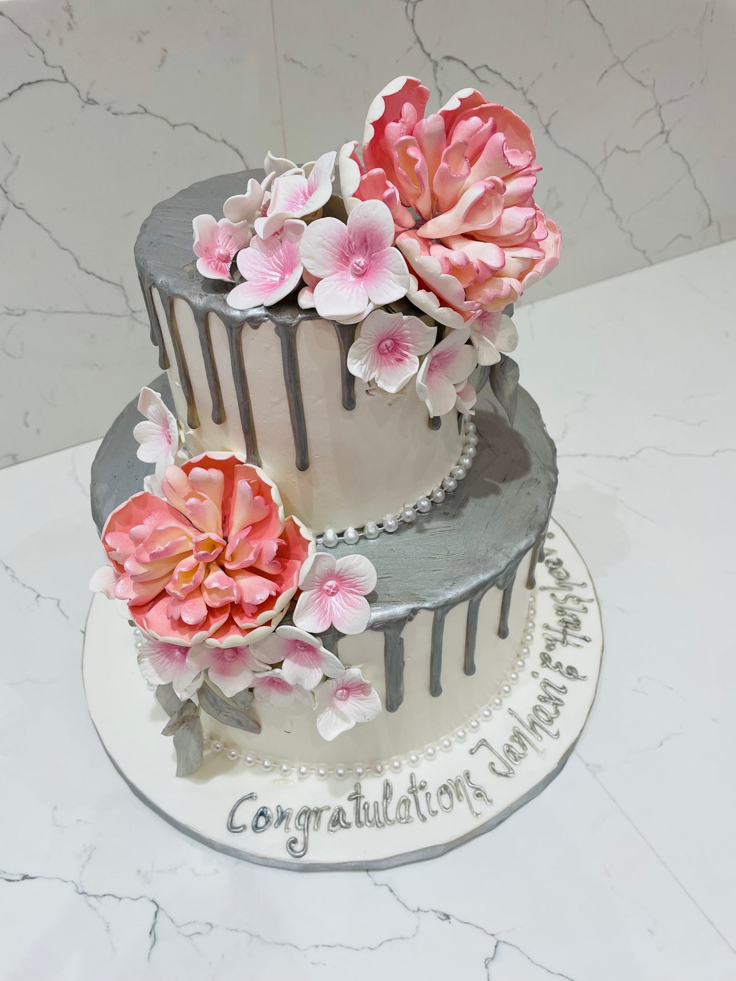 Silver & Pink Floral Wedding Cake