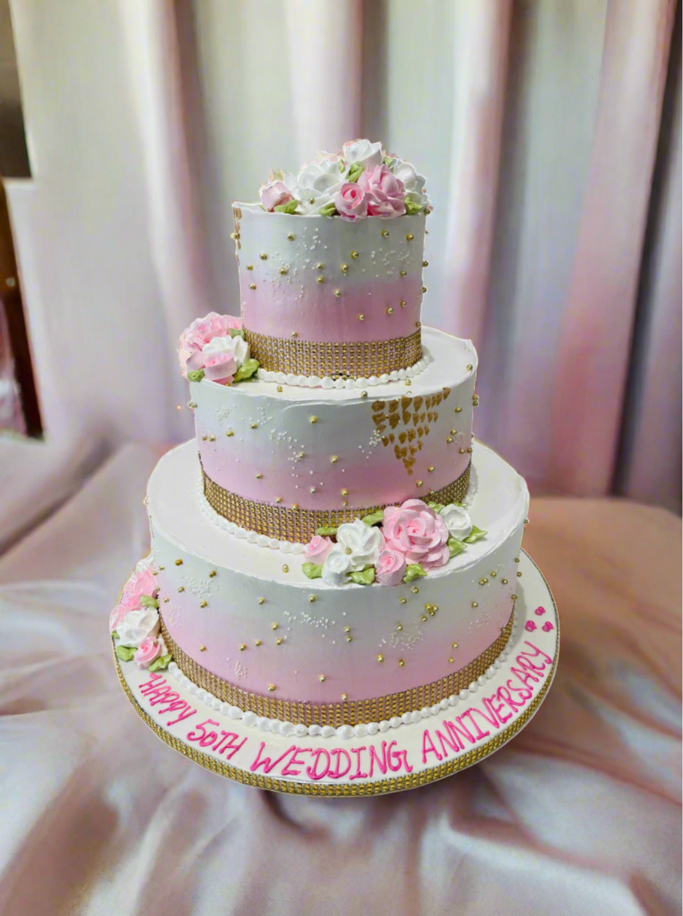Pink Theme Cream Wedding Cake