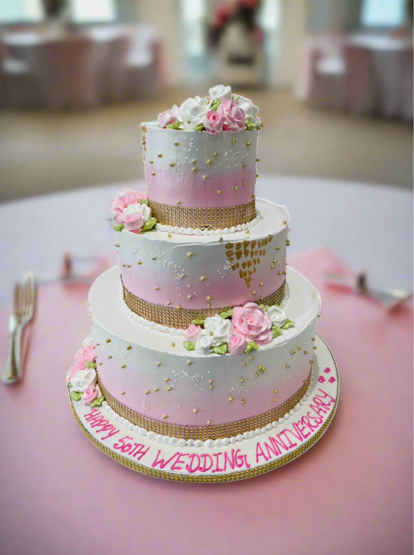 Pink Theme Cream Wedding Cake