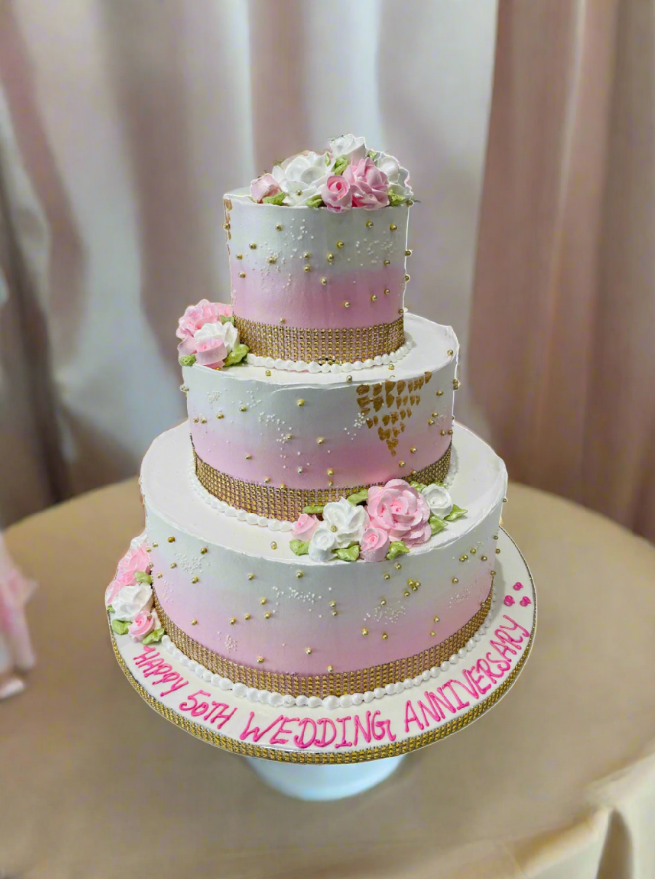 Pink Theme Cream Wedding Cake