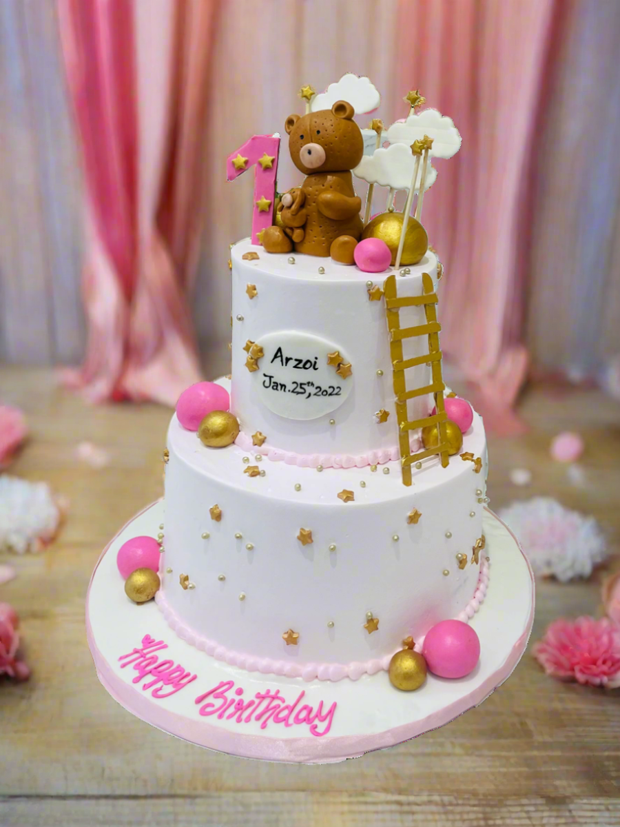 Pink Teddy & Ladder Cream Cake