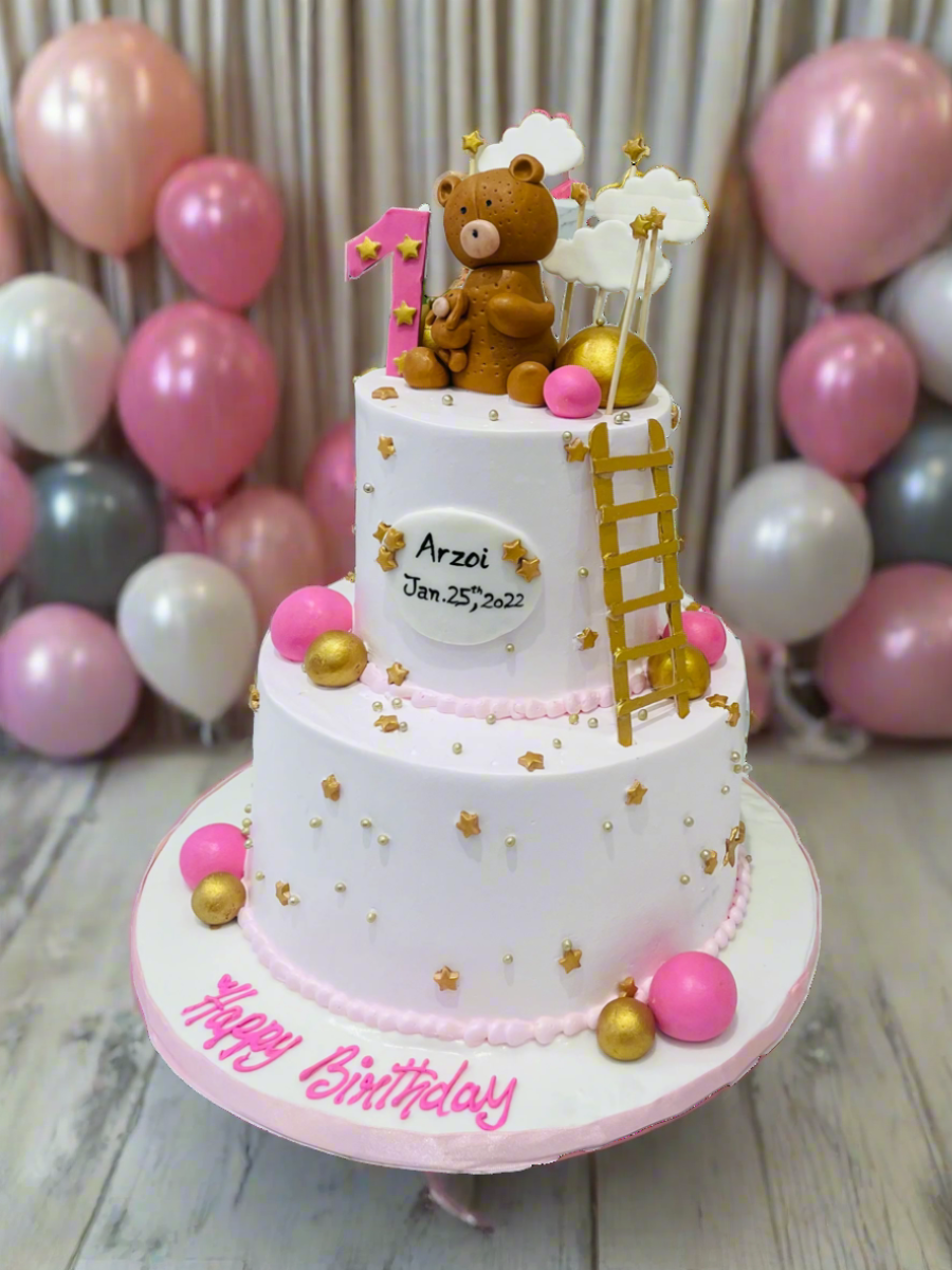 Pink Teddy & Ladder Cream Cake