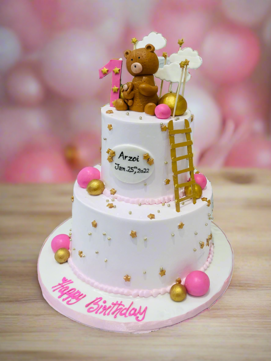 Pink Teddy & Ladder Cream Cake