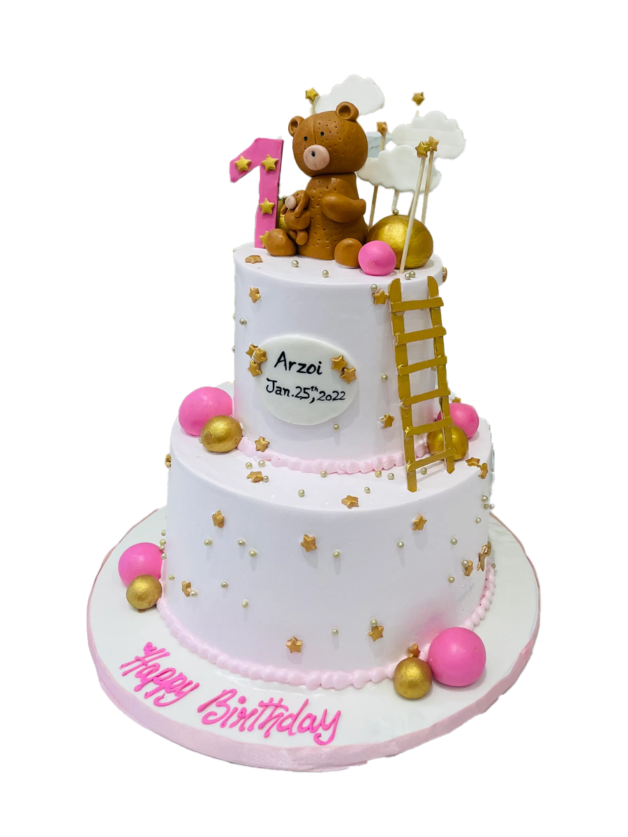 Pink Teddy & Ladder Cream Cake