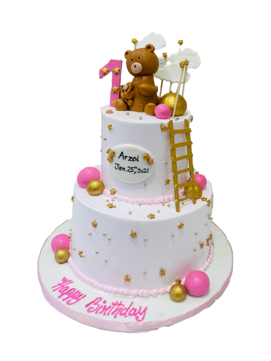 Pink Teddy & Ladder Cream Cake